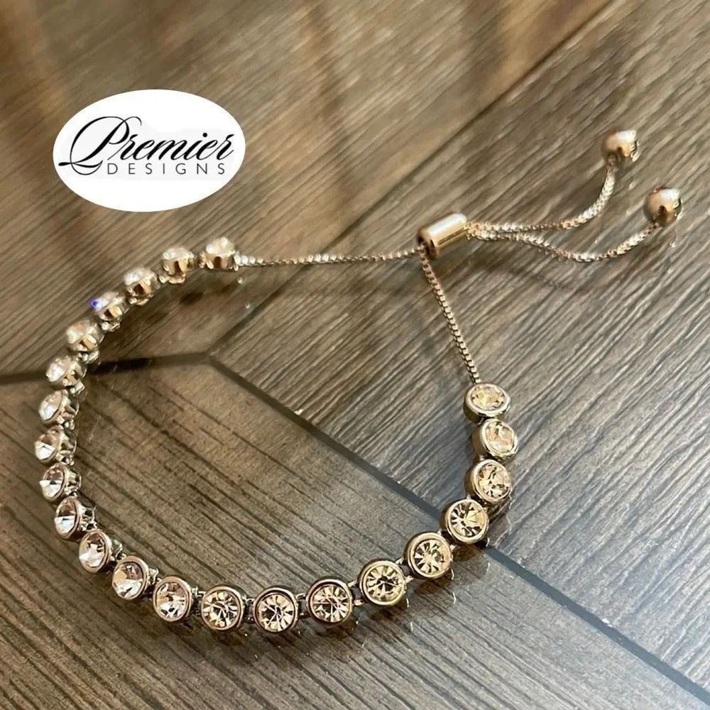 Premier Designs “At Last” Silver-tone Rhinestone Adjustable Bracelet Bolo Tennis
